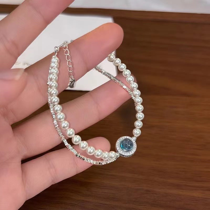 S925 Sterling-Silber Aquamarin Kleine Stücke Silber Shijia Perlenarmband für Frauen