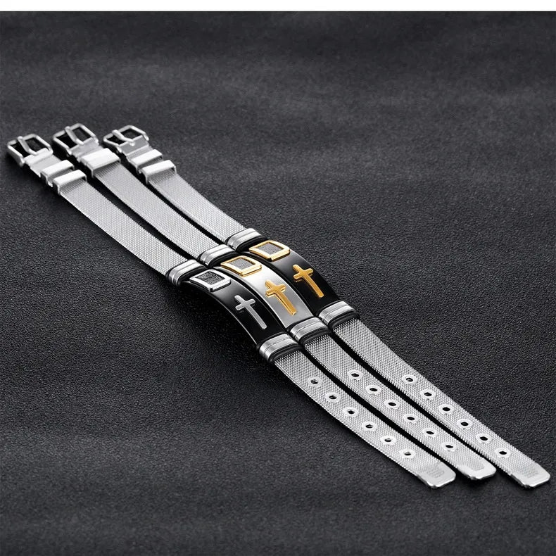 Herren Verstellbares Armband 3D Kreuz Edelstahl Mesh-Kettenarmbänder Armreifen