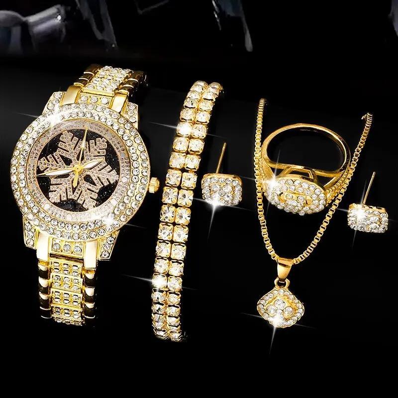 Reloj con diseño de copo de nieve, joyería de lujo con diamantes de imitación, juego de cinco piezas