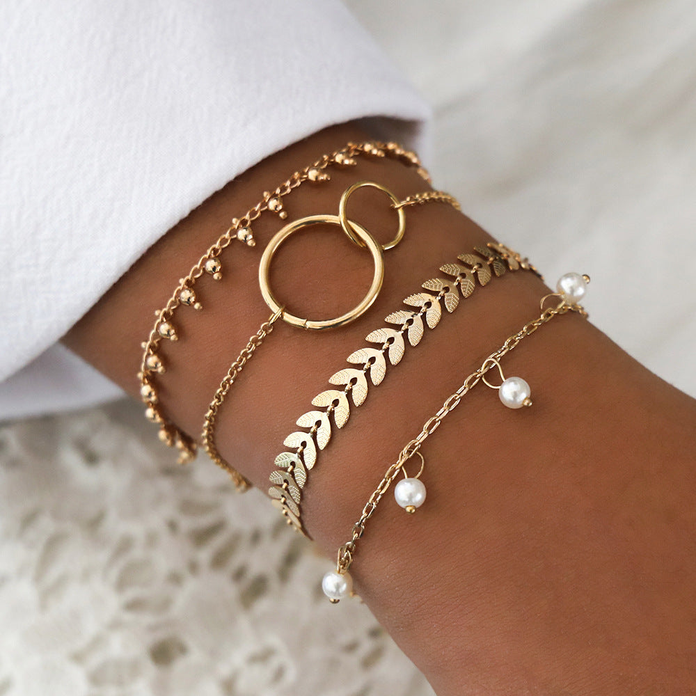 Schlichtes geometrisches Kreis Weizenohr Perlenanhänger 4-teiliges Set Armband