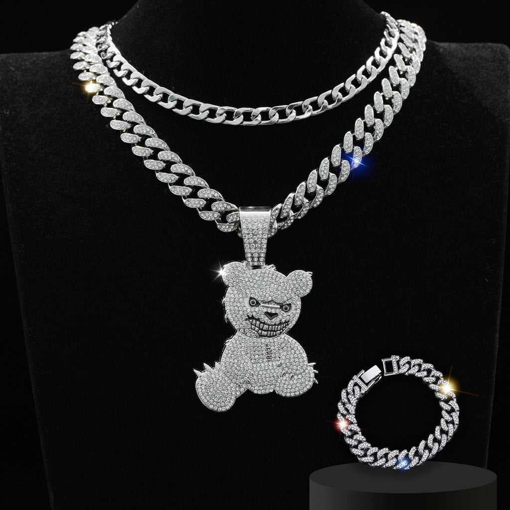 Modeschmuck vollständig besetztes Bären-Anhänger-Halsketten-Armband dreiteiliges Set