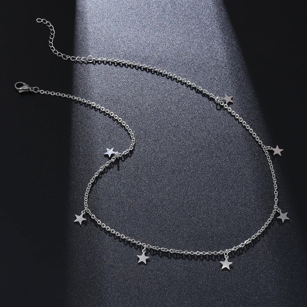 Stainless Steel Gold Silver Color 7 Star Choker Necklace for Women Dainty Star Necklace Statement Jewelry