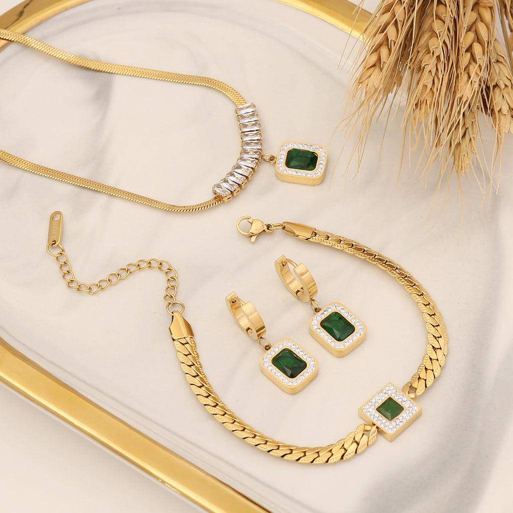 Diamant Smaragd Zirkon Halskette Edelstahl Schmuckset
