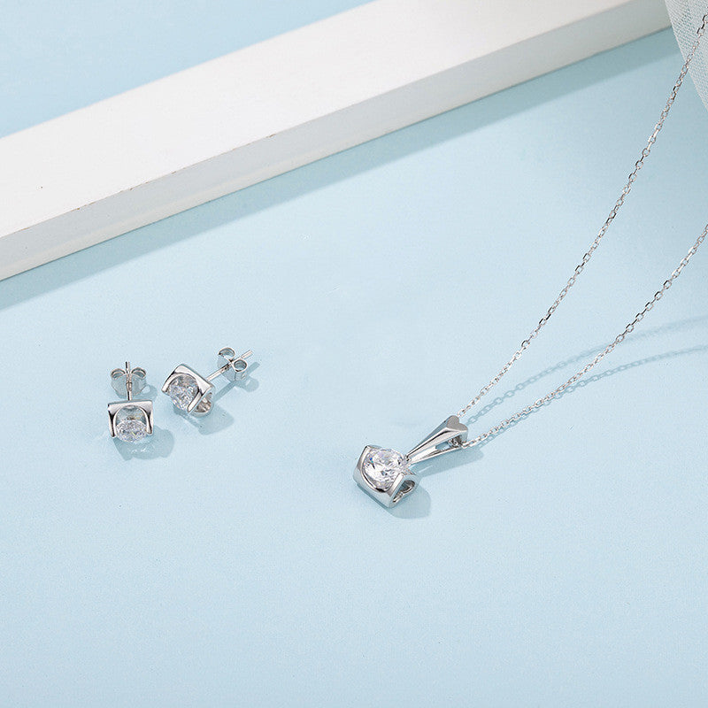S925 Sterling Silber eingelegter Moissanit Ohrstecker Halskette zweiteiliges Set