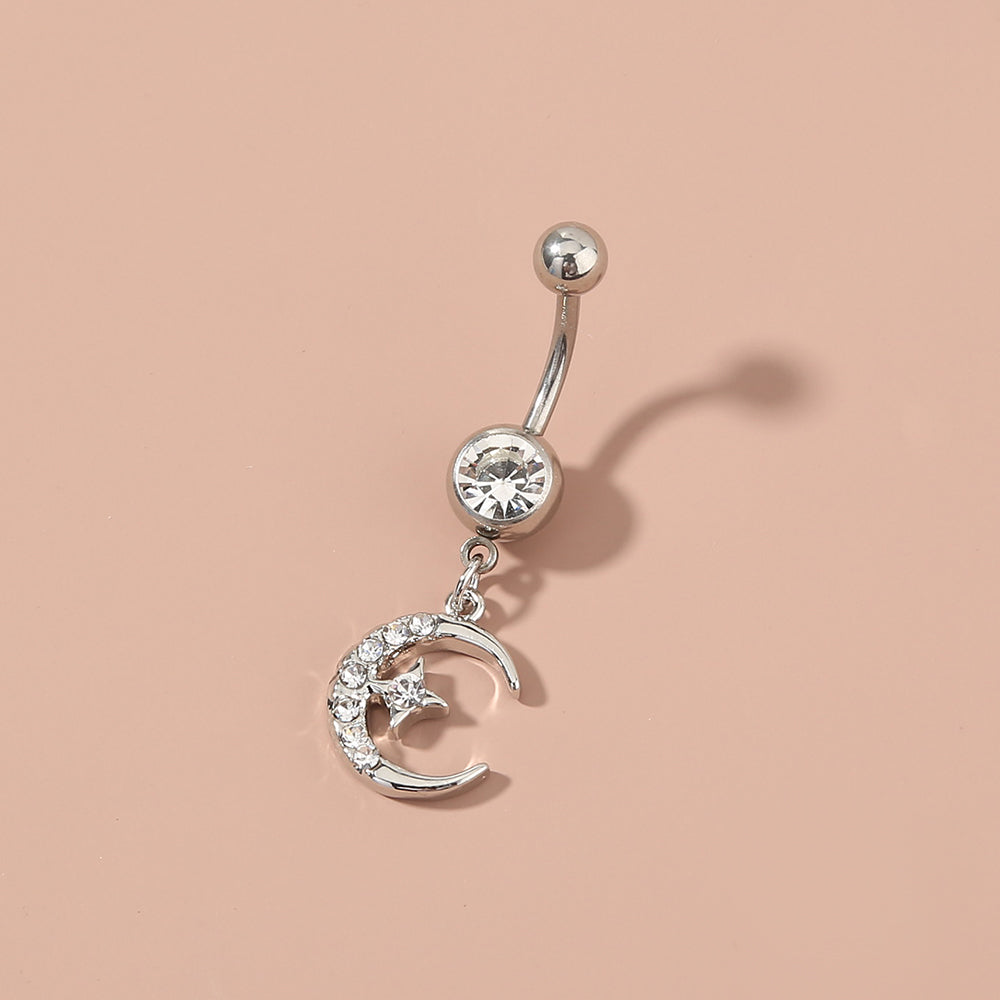 Pendientes de ombligo de acero inoxidable con diseño de luna y estrella con diamantes, exquisitos y brillantes, joyería de perforación corporal, tendencia de moda europea y americana.
