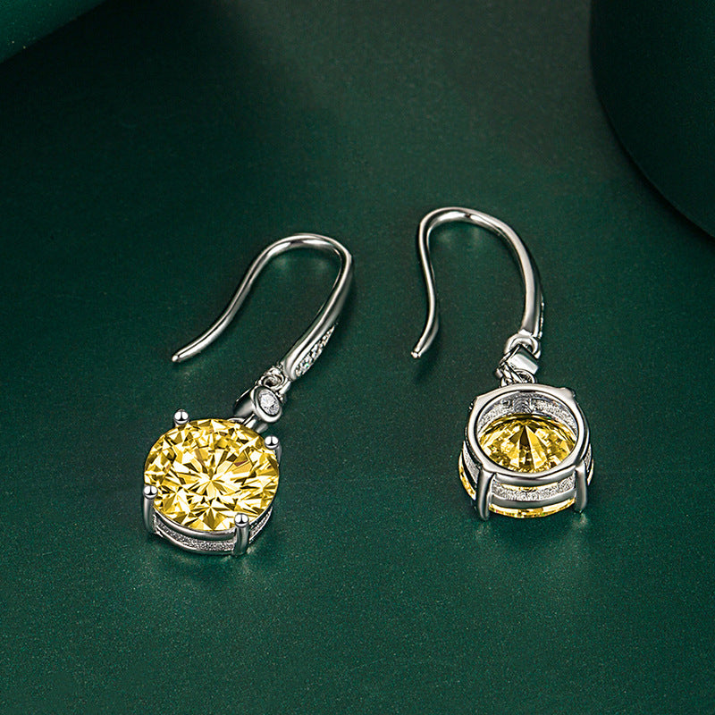 Pendientes de lujo con diamante amarillo de un solo diamante redondo y gancho para la oreja