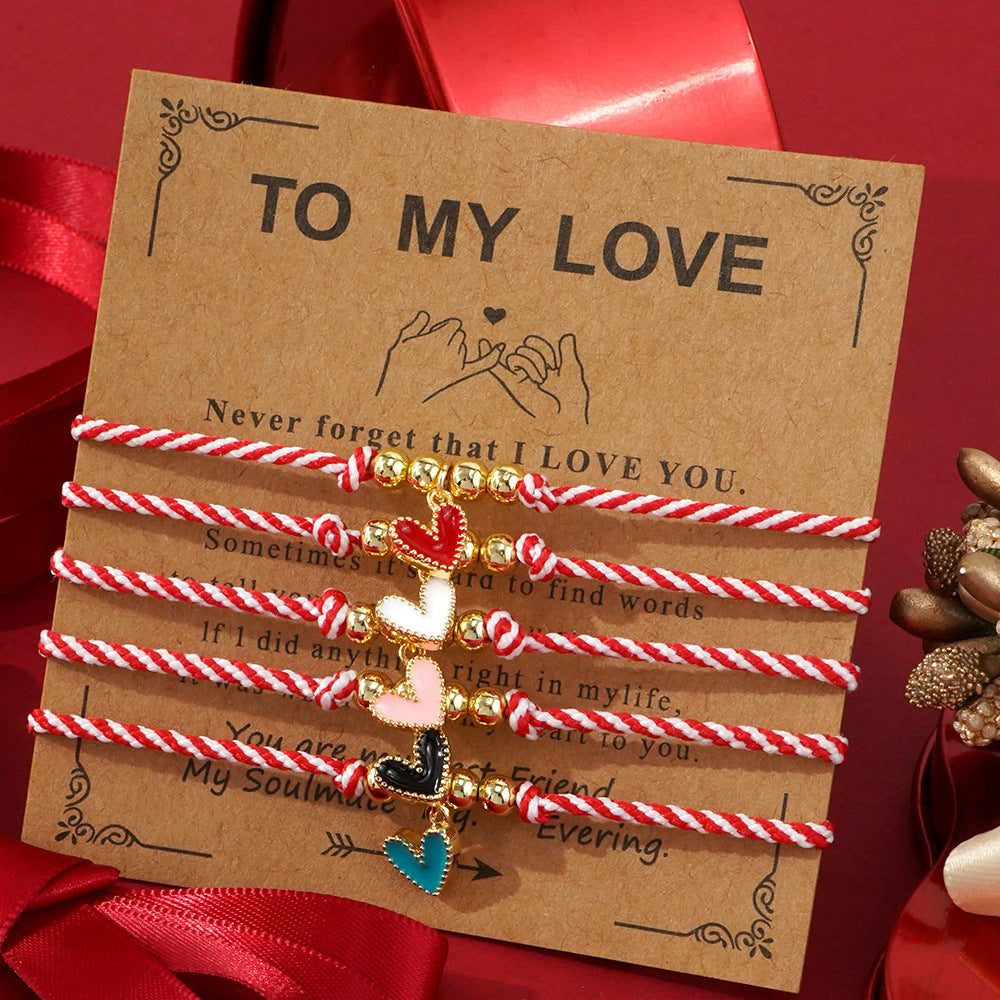 Pulsera de Cobre con Cuentas de Cobre Gota de Aceite, Corazón de Melocotón Rojo y Blanco con Cuerda