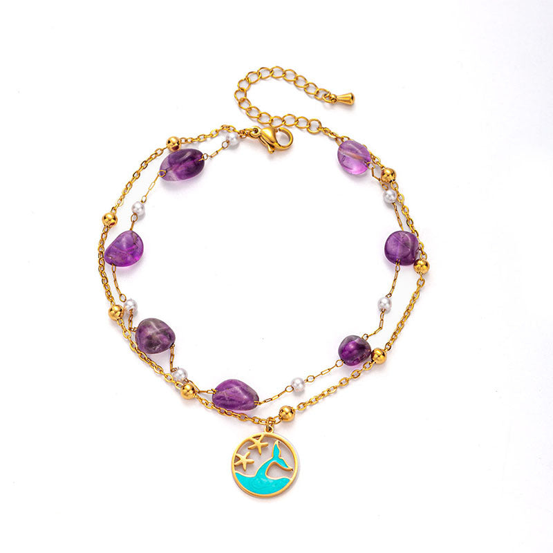Pulsera de doble cadena con colgante de delfín y perlas de piedra artificial azul púrpura
