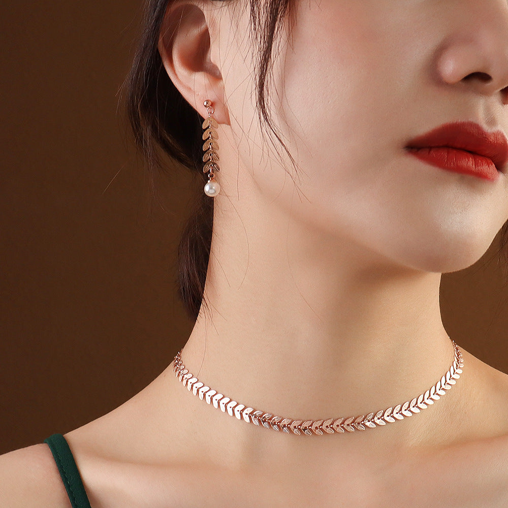 Ins European And American Wheat Leaves Phoenix Tail Necklace Pearl Earrings Jewelry Titanium Steel Plated 18K Gold Color Protection