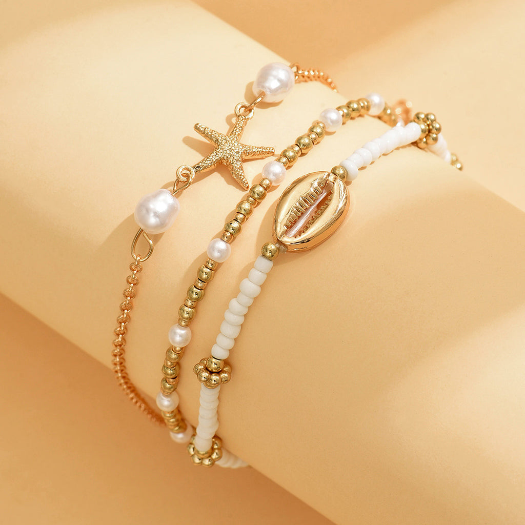 Beach Vacation Bead Shell Starfish Foot Ornaments Anklet Three-piece Set