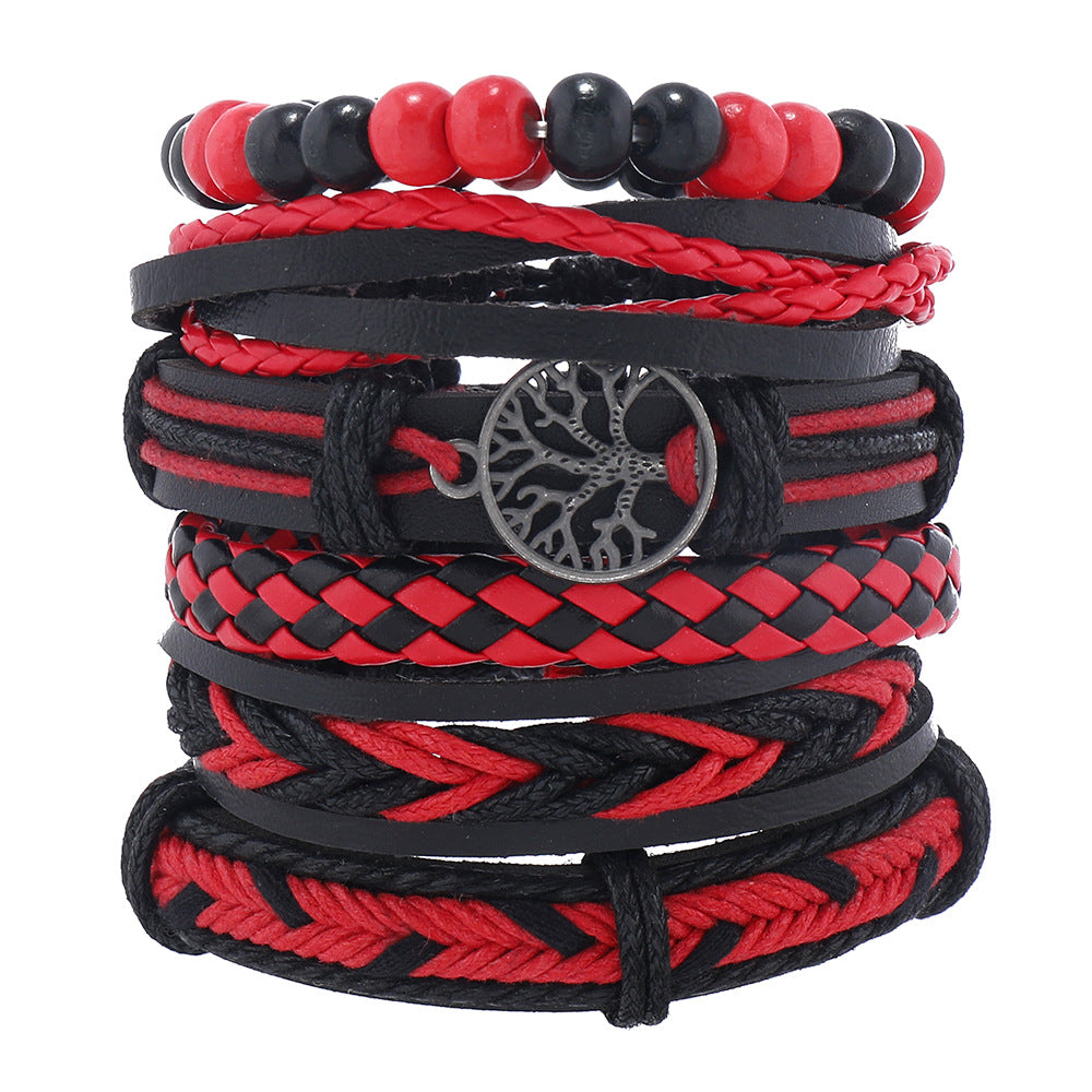 European And American Men's Vintage Weave Multi-layer Leather Bracelet Lucky Tree Series Six-piece Set