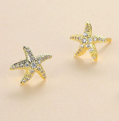 Pendientes de tuerca de estrella de mar de diamante completo para mujer, diseño avanzado