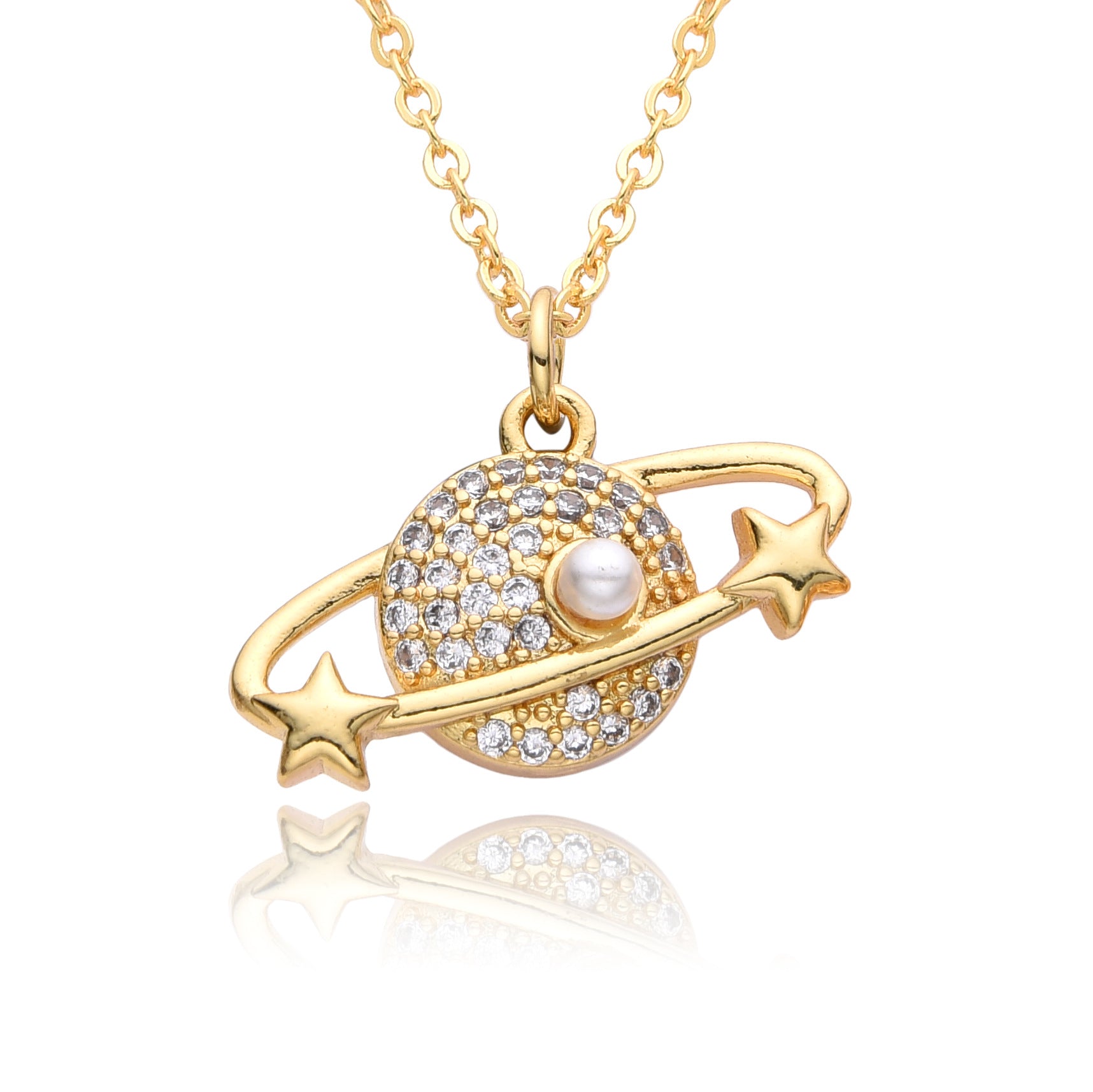 Copper Micro Inlay Color Zircon Personality Planet Pendant Plated 18K Gold Necklace