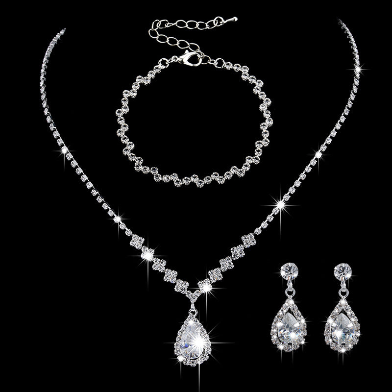 Juego de joyas de collar y aretes de gota de agua de circón con diamantes completos brillantes