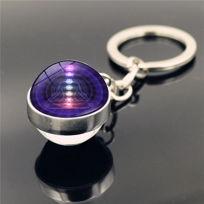 Nuevo Llavero con Colgante de Bola de Cristal de Doble Cara con Símbolo de Yoga