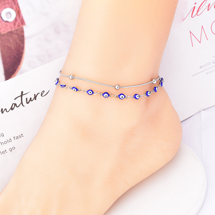 Tobillera de moda con cadena de doble capa y cuentas redondas de billar de colores
