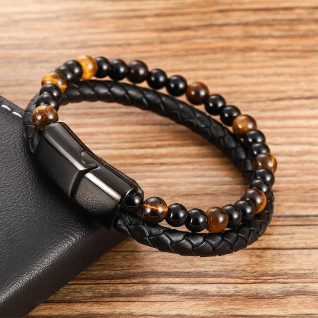 Armband aus echtem Leder mit Edelstahlschnalle aus Natur-Tigerauge