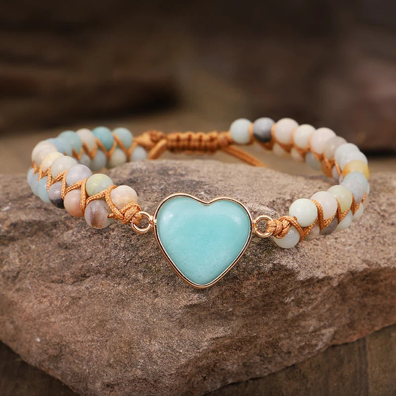 Klassische Herzform Charms Armbänder Amazonit Schnur Geflochtenes Makramee Armband Teengirls Wickelarmband Damen Schmuck