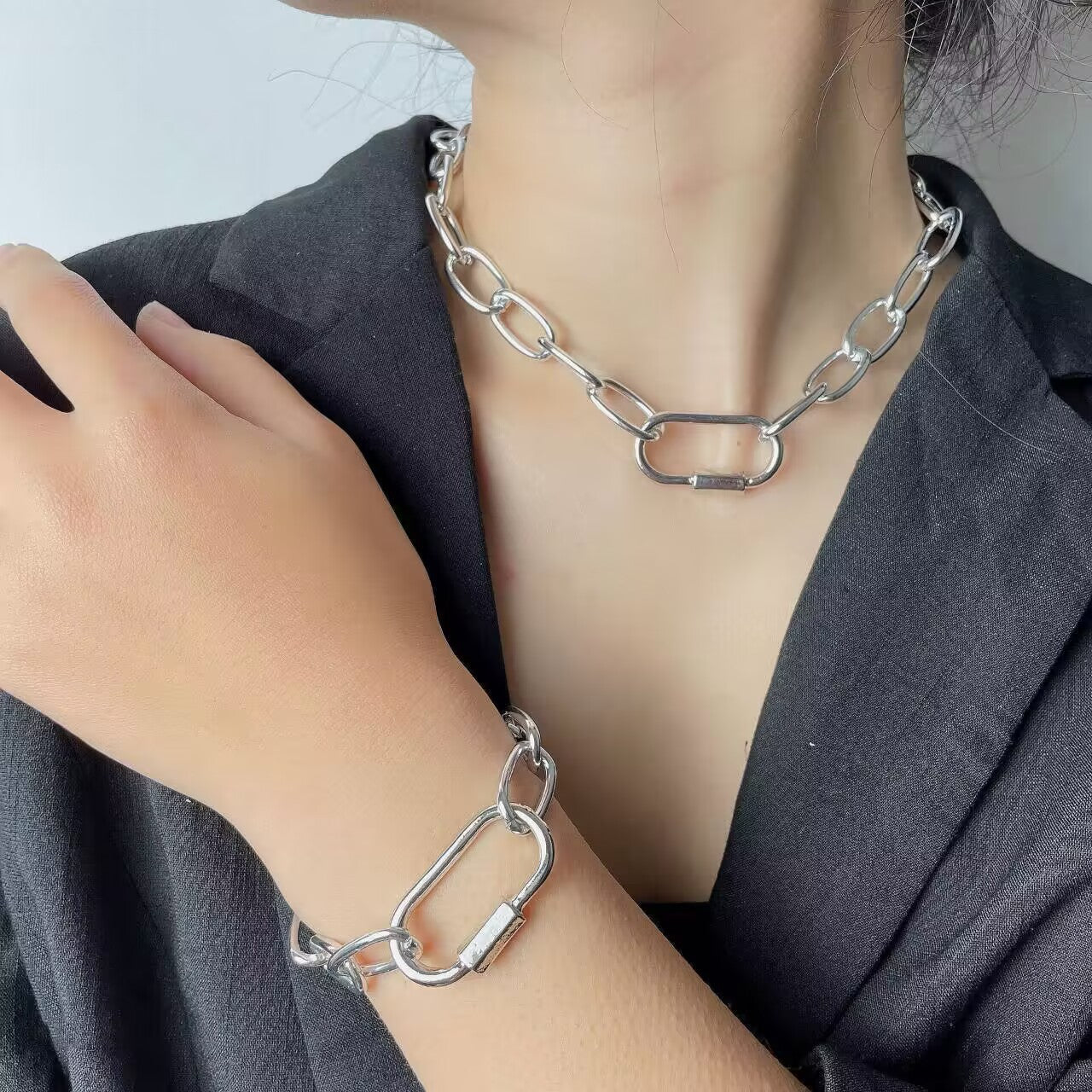Einfaches Kreuz Dicke Kette Halskette Armband Set Damen