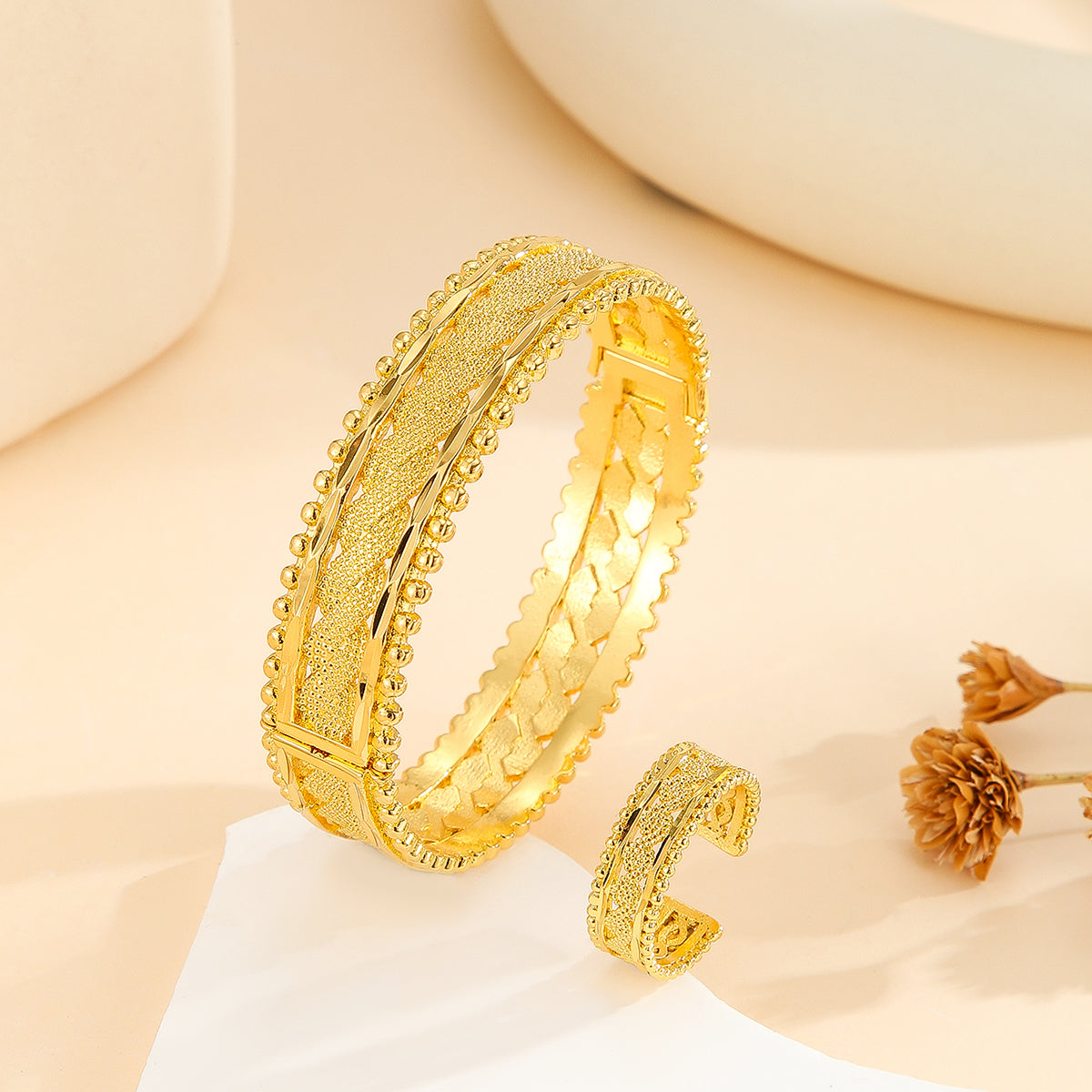2 pulseras vintage chapadas en oro, brazalete abierto con anillo, conjunto de joyas para mujer para bodas y festivales