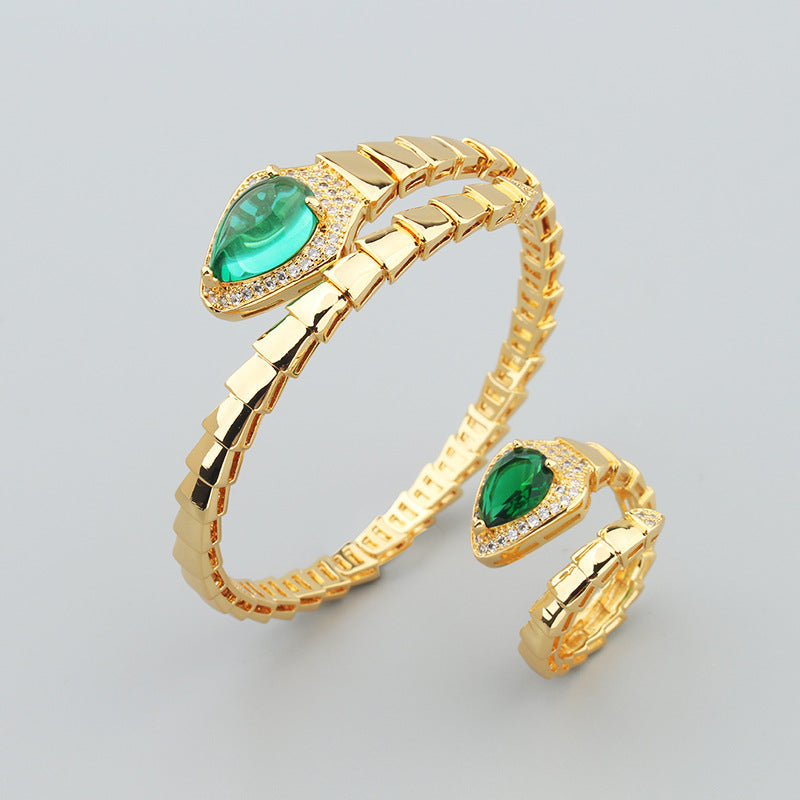Federartiges Schlangenknochen-Armreif-Ring-Set