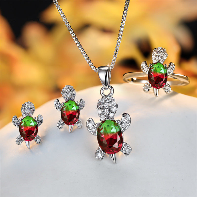 Mode Oval Zirkon Anhänger Schildkrötenform Halsketten mit Regenbogenstein Mehrfarbige Tierhalskette Schmuck für Damen und Kinder