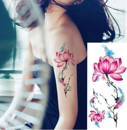 Pegatina de tatuaje de flores, boceto a color, pegatina de tatuaje de flores, peonías, rosas, ciruelos, pegatina de tatuaje