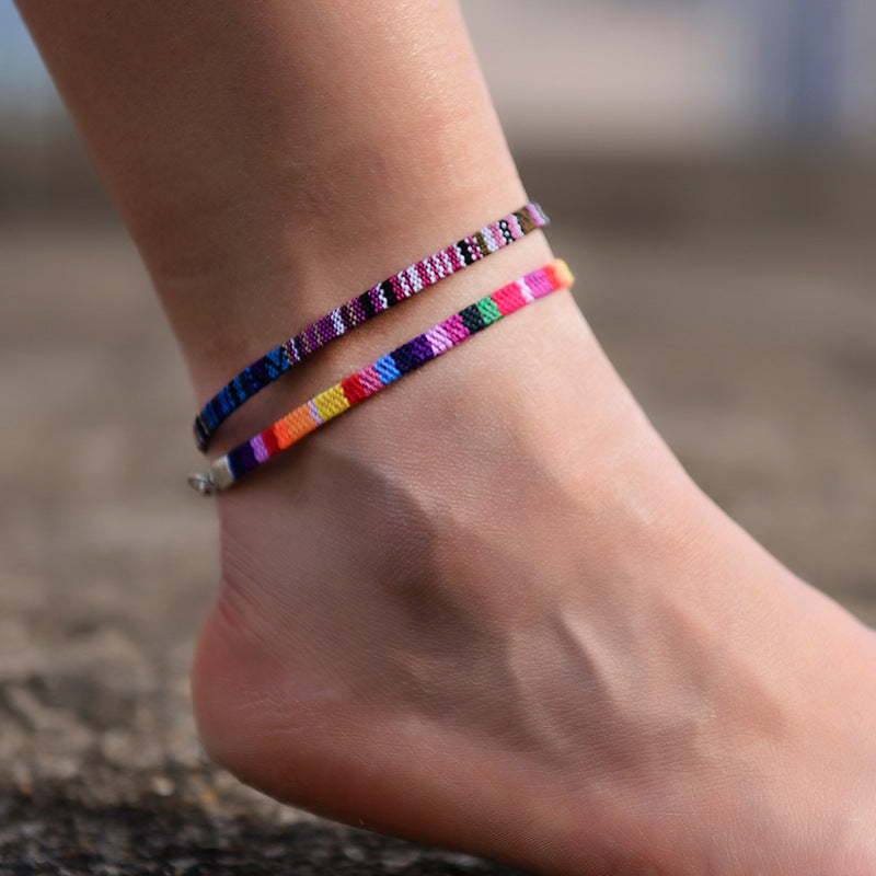 Pulsera de tobillo bohemia de cadena, de hilo, hecha a mano