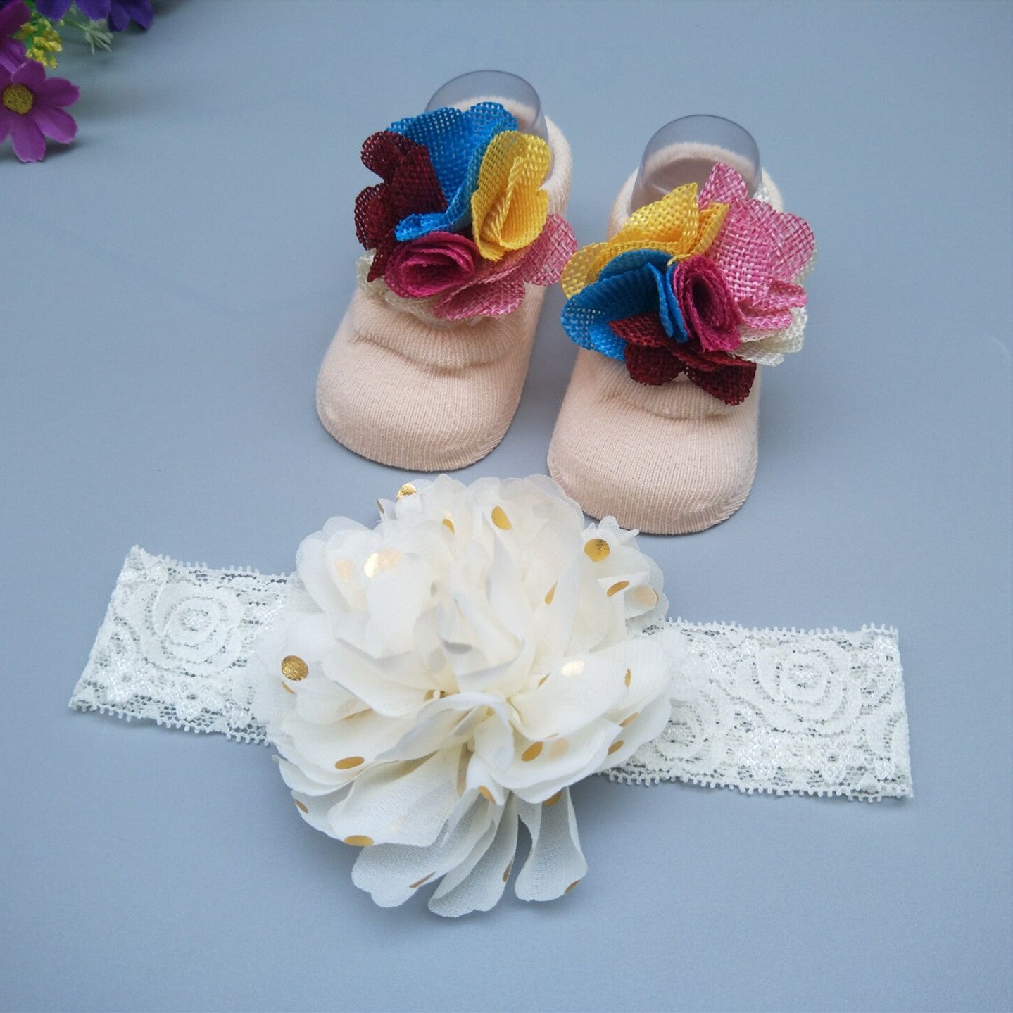 Caja de regalo de calcetines y diadema para bebé niña