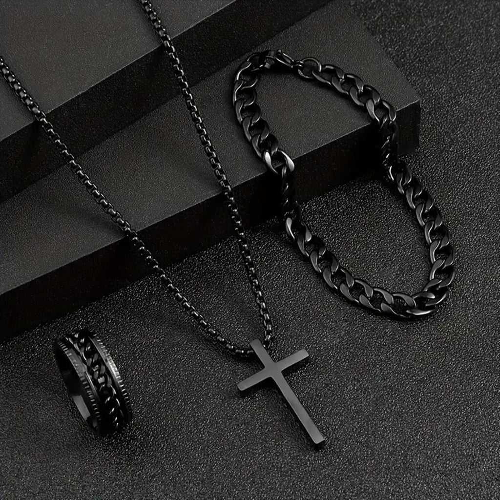 Herren Kreuz-Halskette Ring Armband Set