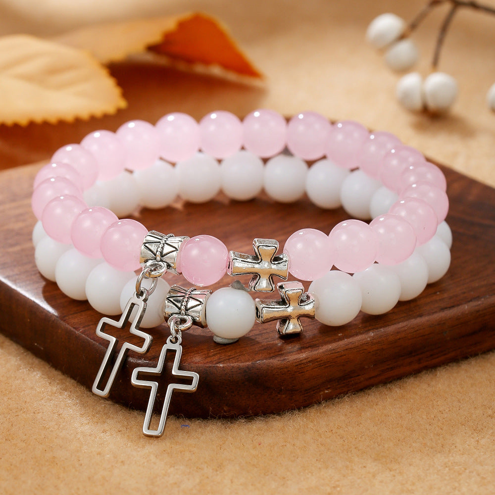 Pulsera de la amistad con cruz para parejas, pulsera de cuentas de vidrio para mujer