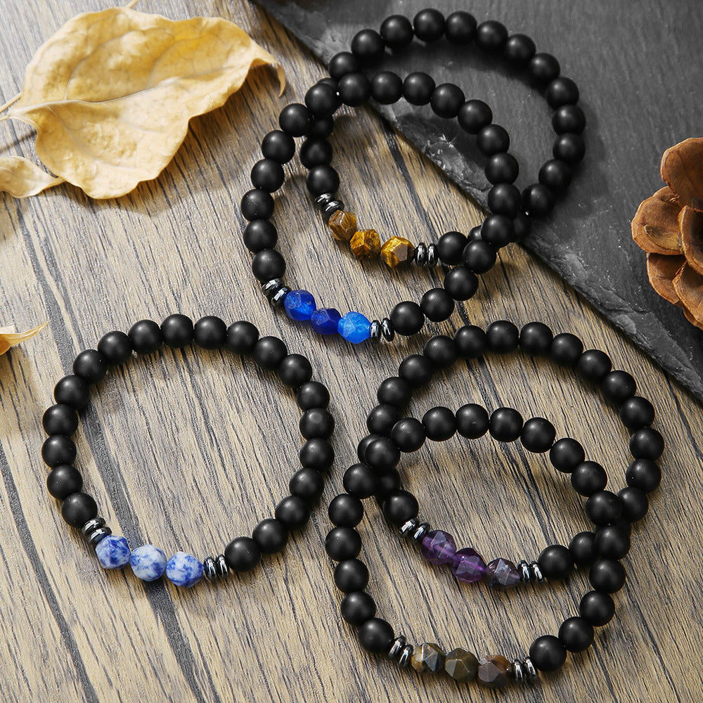 Pulsera elástica de ojo de tigre y ágata negra con superficie de corte simple para hombre