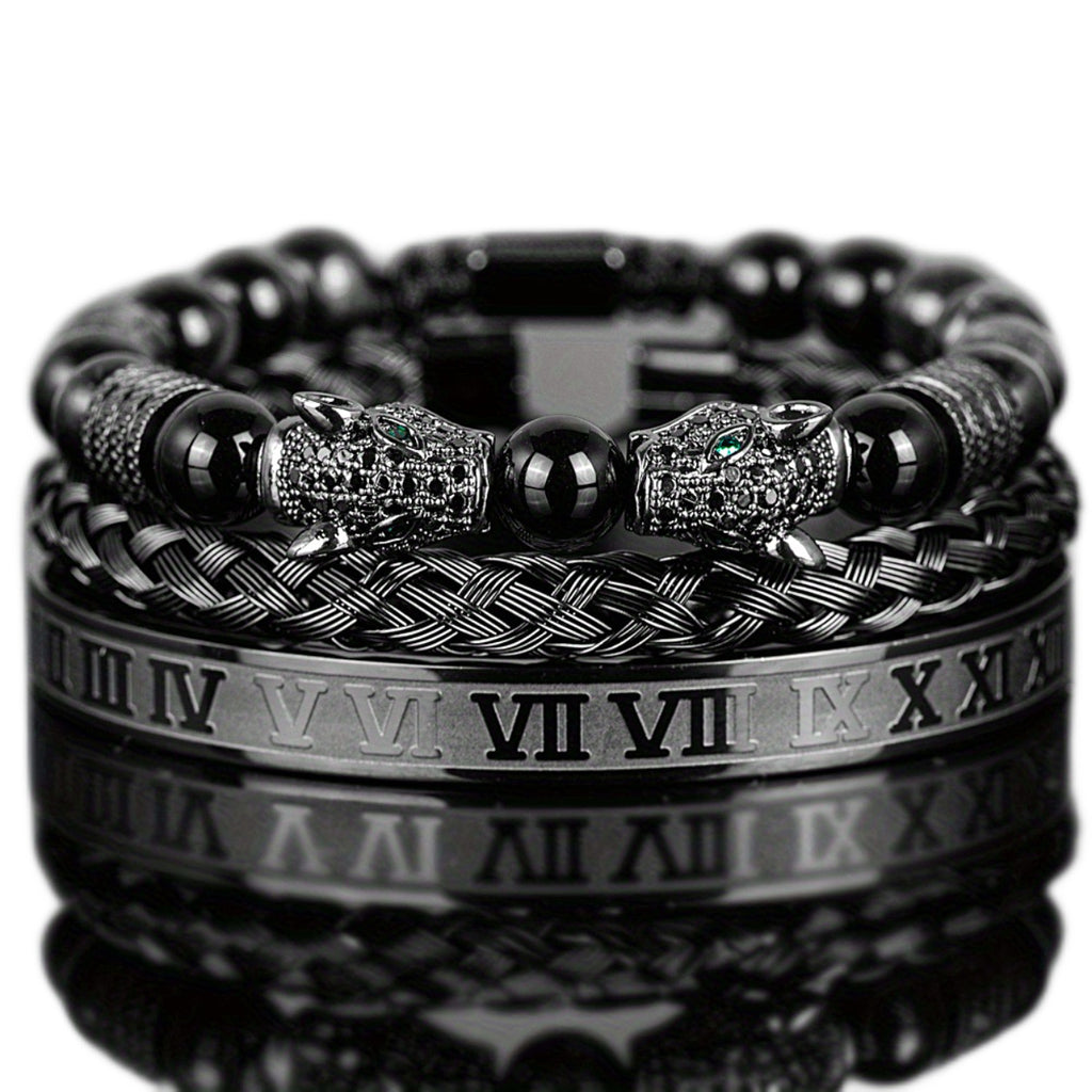Herrenarmband-Set aus geflochtenem Edelstahl mit Doppel-Leopardkopf und römischen Ziffern, schwarz