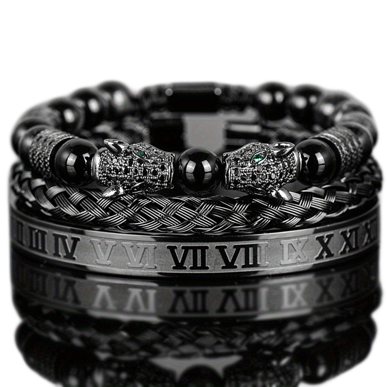 Men's Black Double Leopard Head Braided Stainless Steel Roman Numeral Bracelet Suit