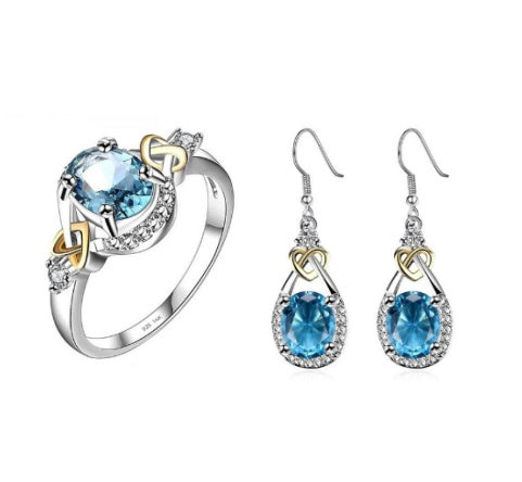 Halskette, Ring und Ohrringe aus blauem Kupfernickel mit Schmucksteinen