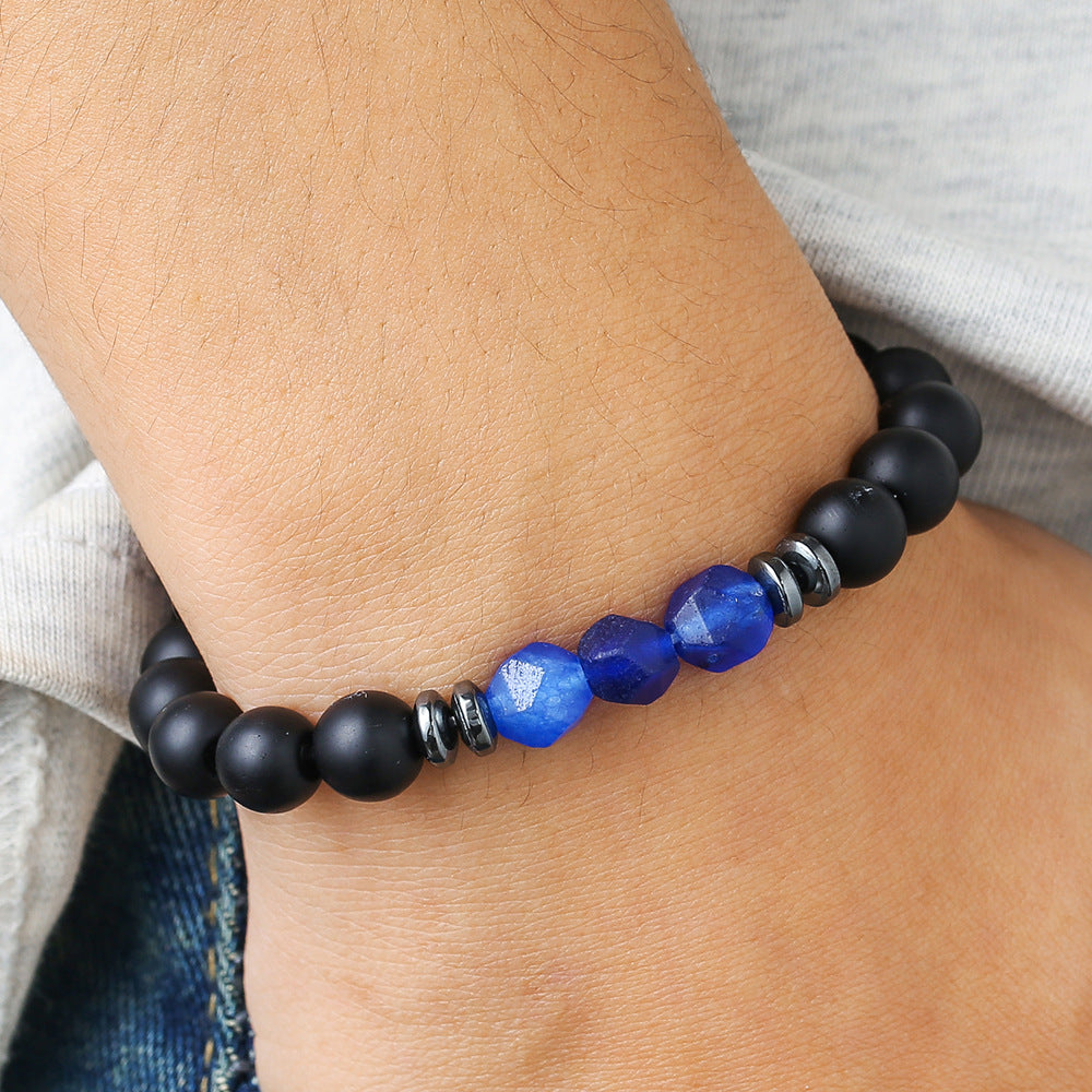 Pulsera elástica de ojo de tigre y ágata negra con superficie de corte simple para hombre