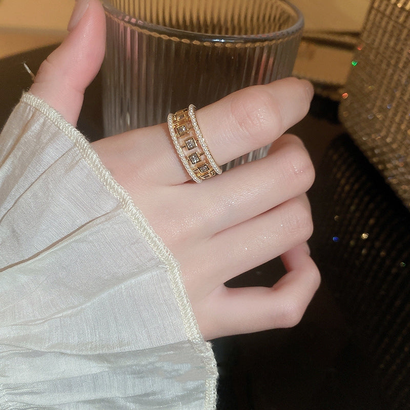 Anillo de Perlas de Circonita Calado Cuadrado Abierto Estilo Europeo y Americano Joyería Femenina