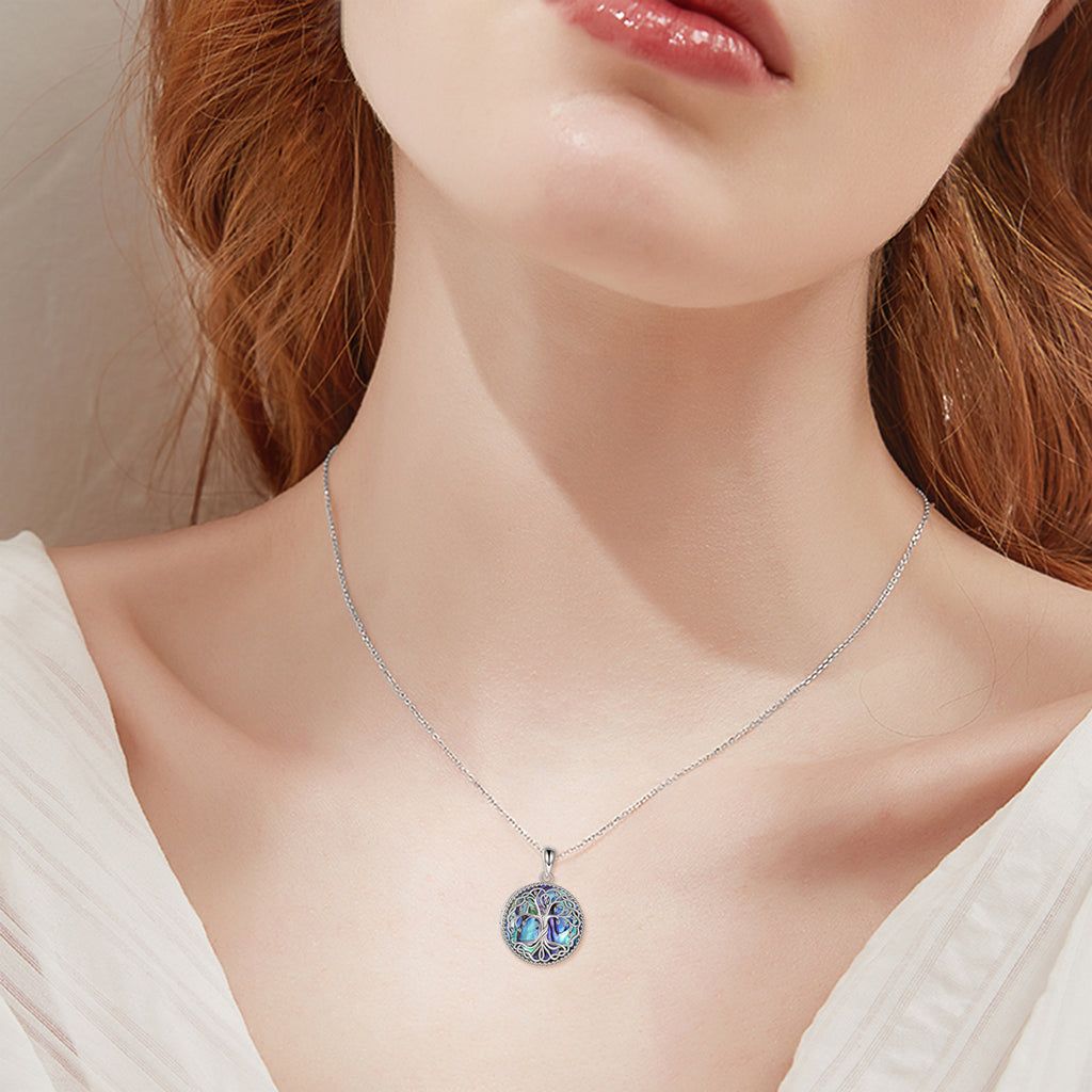 Baum des Lebens Medaillon Halskette Schmuck für Frauen Sterling Silber Keltischer Lebensbaum Abalone Muschel Medaillons Schmuck Geschenke für Mutter Tochter