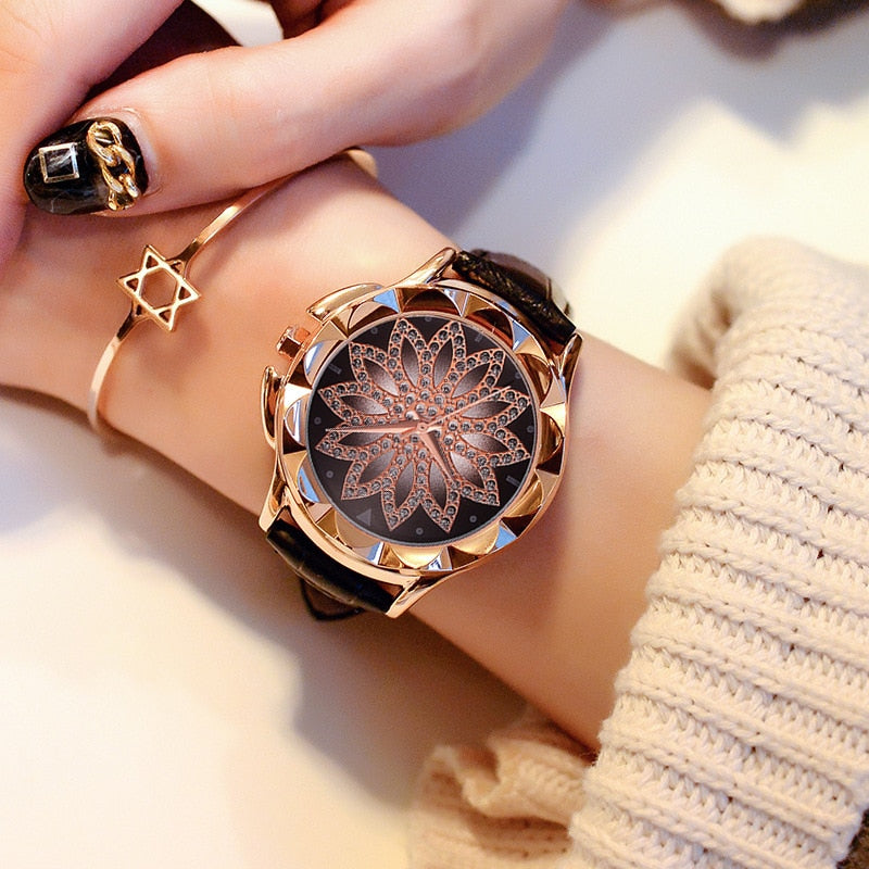 Reloj de pulsera con diamantes de imitación en forma de cruz para mujer, modelos explosivos de comercio exterior, esfera grande en oro rosa, reloj de cuarzo de la suerte
