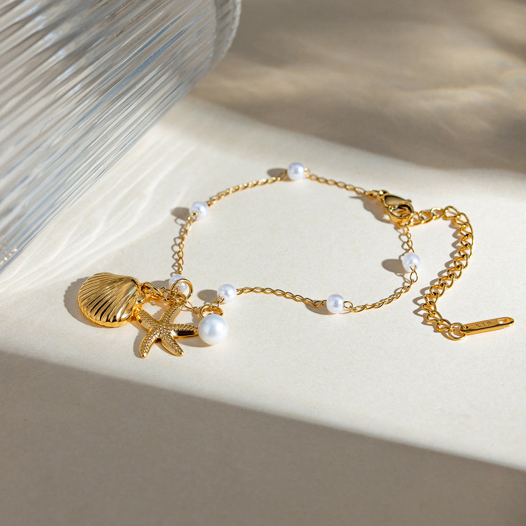 Modeschmuck 18K Gold Edelstahl Perlenkette Sommerurlaub Muschel Seestern Anhänger Armband