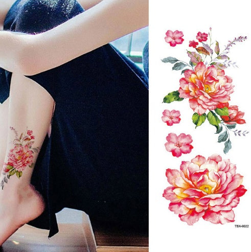 Pegatina de tatuaje de flores, boceto a color, pegatina de tatuaje de flores, peonías, rosas, ciruelos, pegatina de tatuaje
