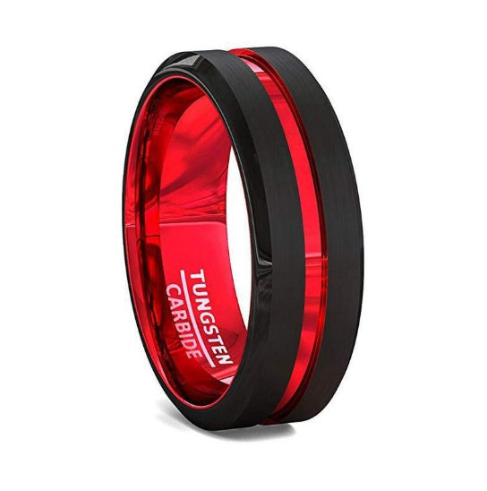 Anillo de carburo de tungsteno para hombre de 8 mm, negro y rojo, acabado mate y bordes biselados