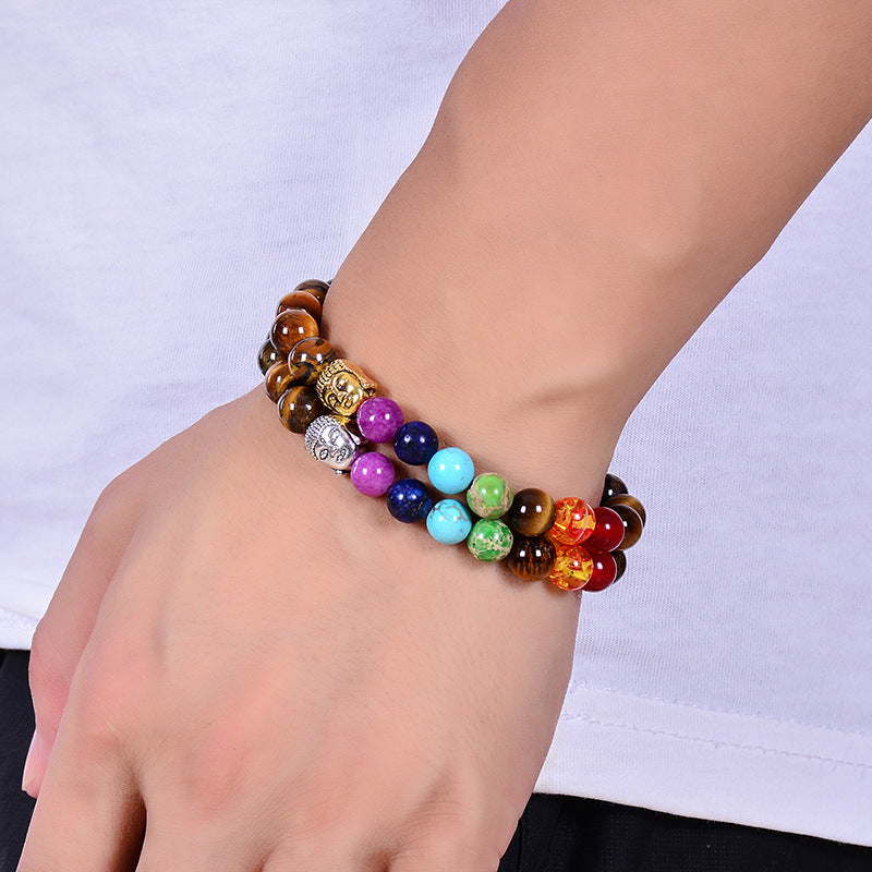 Pulsera de cuentas de ojo de tigre de piedra de lava natural con siete chakras curativos
