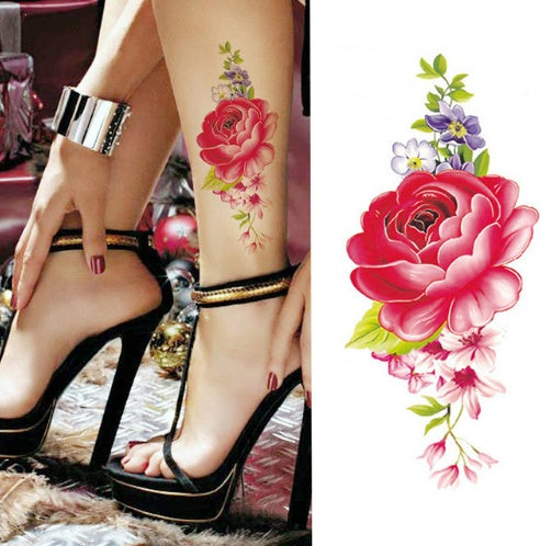 Pegatina de tatuaje de flores, boceto a color, pegatina de tatuaje de flores, peonías, rosas, ciruelos, pegatina de tatuaje