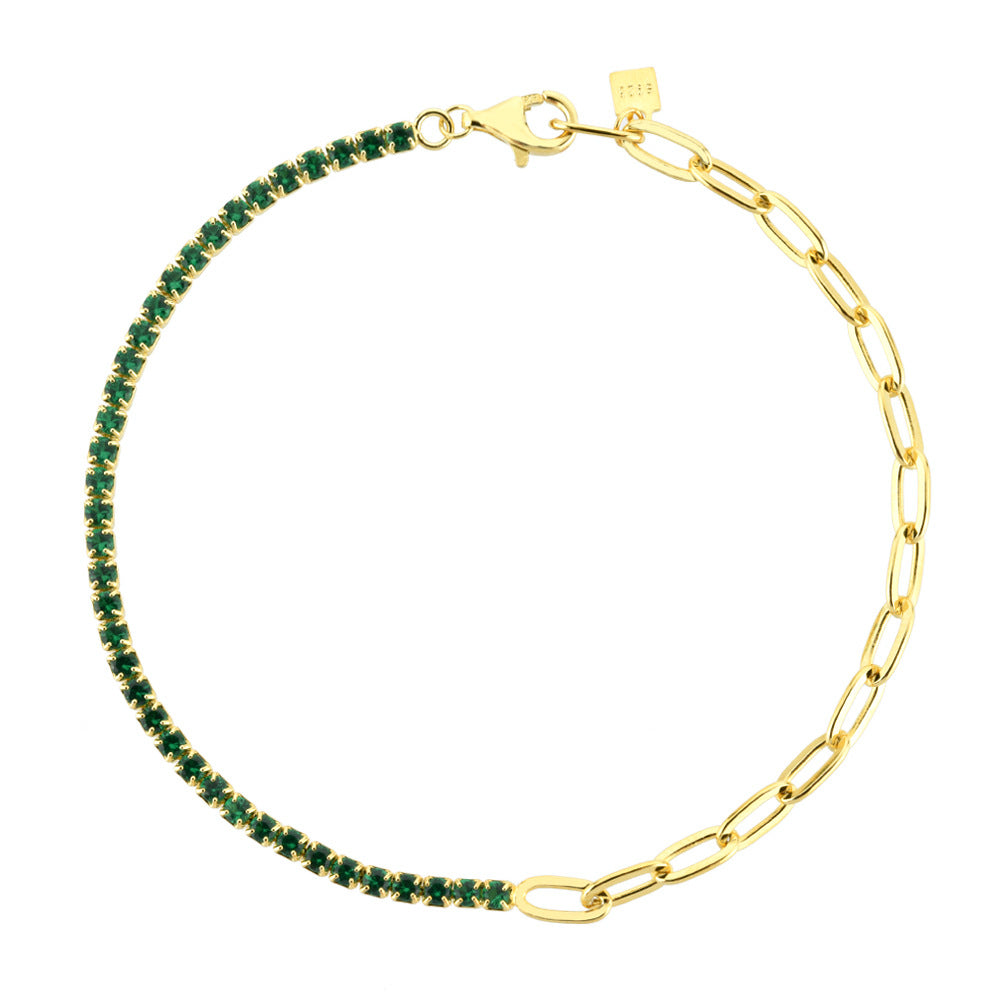 S925 Sterling Silver Diamond Stitching Green Stone Bracelet