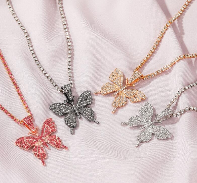 Explosive Strass Schmetterlings-Anhänger Halskette Hip-Hop Schmuck Tennis Choker Kubanische Schmetterlings-Halskette