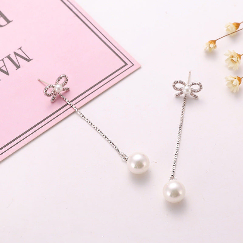 Aretes de aguja de plata esterlina con lazo, pendientes largos de perlas, hipoalergénicos, de cobre, de dos formas