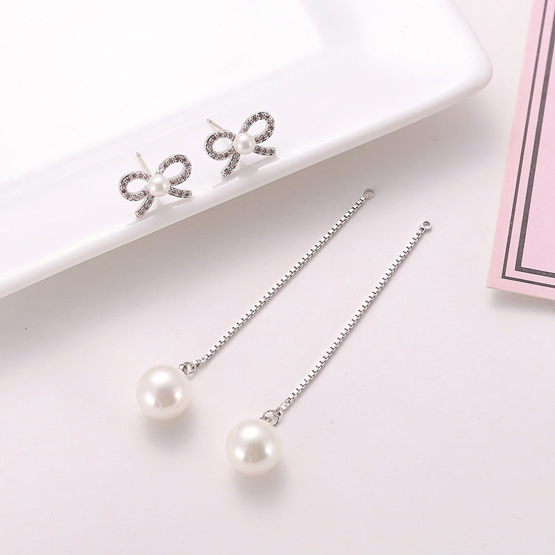 Aretes de aguja de plata esterlina con lazo, pendientes largos de perlas, hipoalergénicos, de cobre, de dos formas