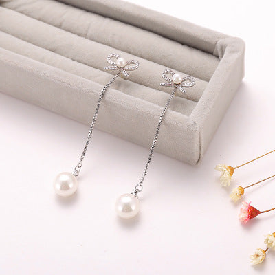 Aretes de aguja de plata esterlina con lazo, pendientes largos de perlas, hipoalergénicos, de cobre, de dos formas