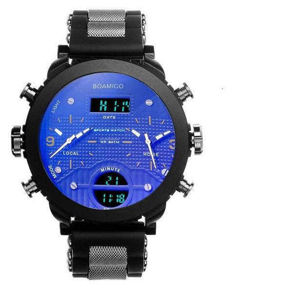 Herrenuhr Elektronische Quarz-Doppelanzeigeuhr 3 Zeitzonen Wasserdichte Uhr